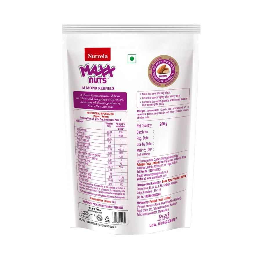 Nutrela Maxx Nuts California Almonds 200g, Premium Badam, Dry Fruits, High in Protein, Healthy Snack