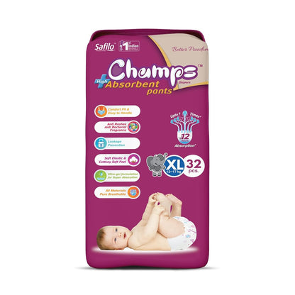 Champs Cotton Elastic Baby Diaper Breathable, Soft n Dry, Super Absorpation, Leakage Protection Pants for Babies_12 to 17 Kg_XL_32 Pcs