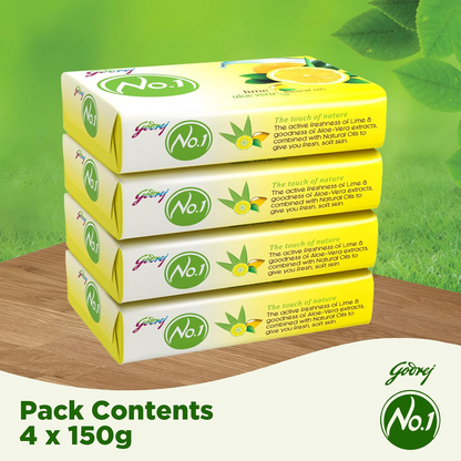 Godrej No.1 Lime & Aloe Vera Soap - Pack of 4 (150g each) - High TFM (Grade 1 Soap) | Soaps For Bath | Long-Lasting Fragrance