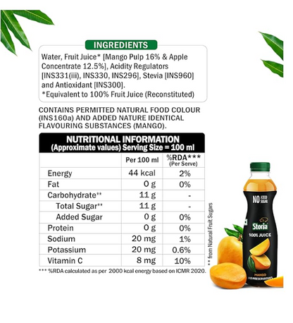 Storia 100% Juice Mango (Aam), No Added Sugar, No Added Preservatives -750ml (Pack of 15)