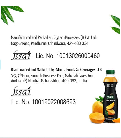 Storia 100% Juice Mango (Aam), No Added Sugar, No Added Preservatives -750ml (Pack of 15)